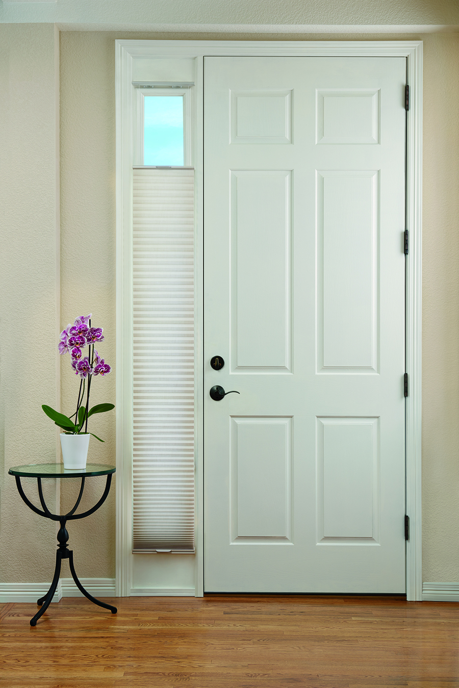 honeycomb shades in sidelight window in Cleveland home