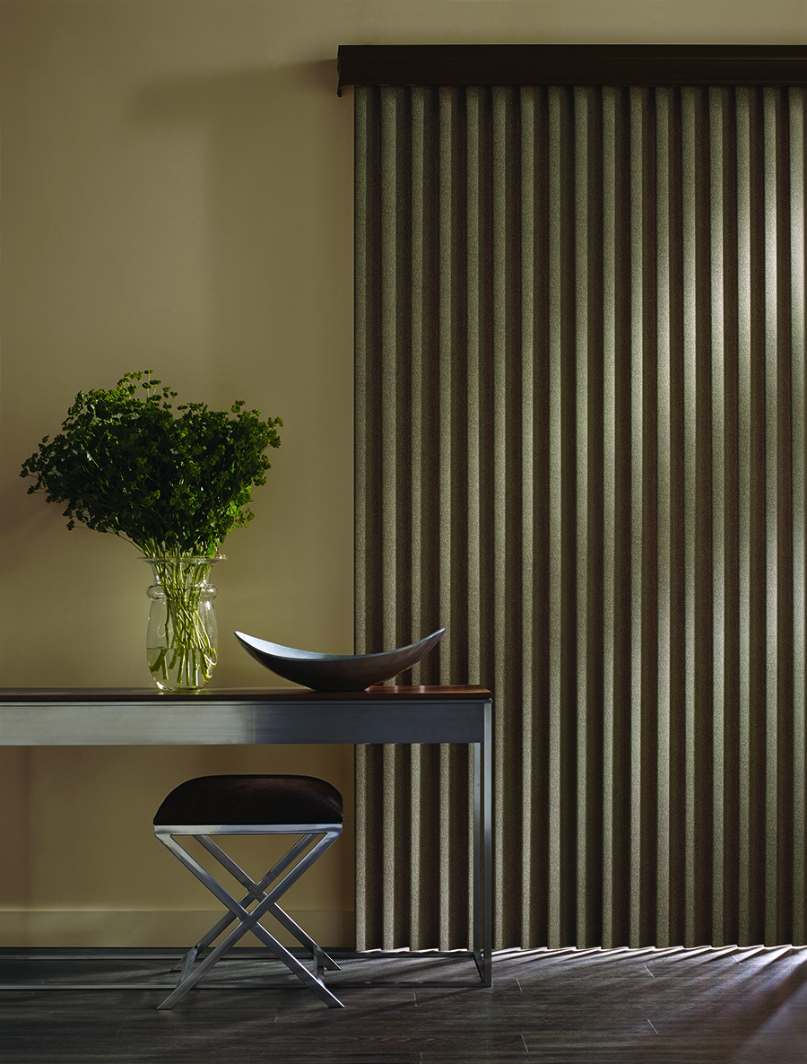 brown vertical blinds over a sliding glass door for room darkening on Rocky River OH