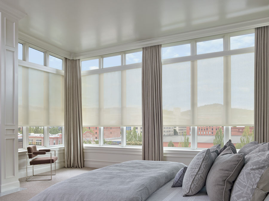 Floor to ceiling windows with designer screen shades Chagrin, OH