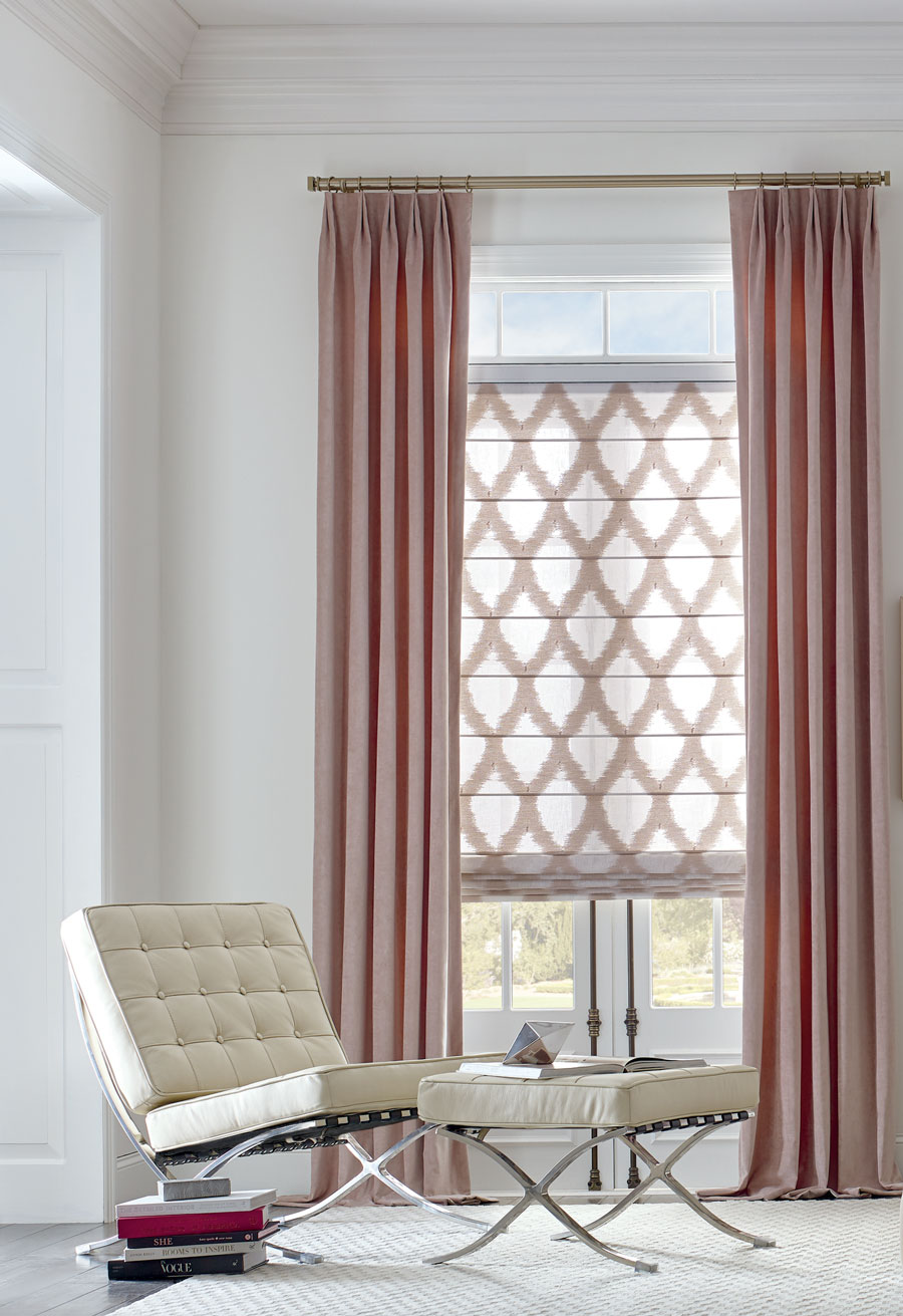 rose colored draperies with patterned roman shades in Chagrin Falls OH home