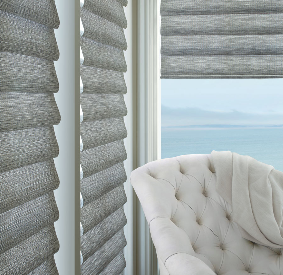 gray roman shades on large living room windows in Cleveland OH home