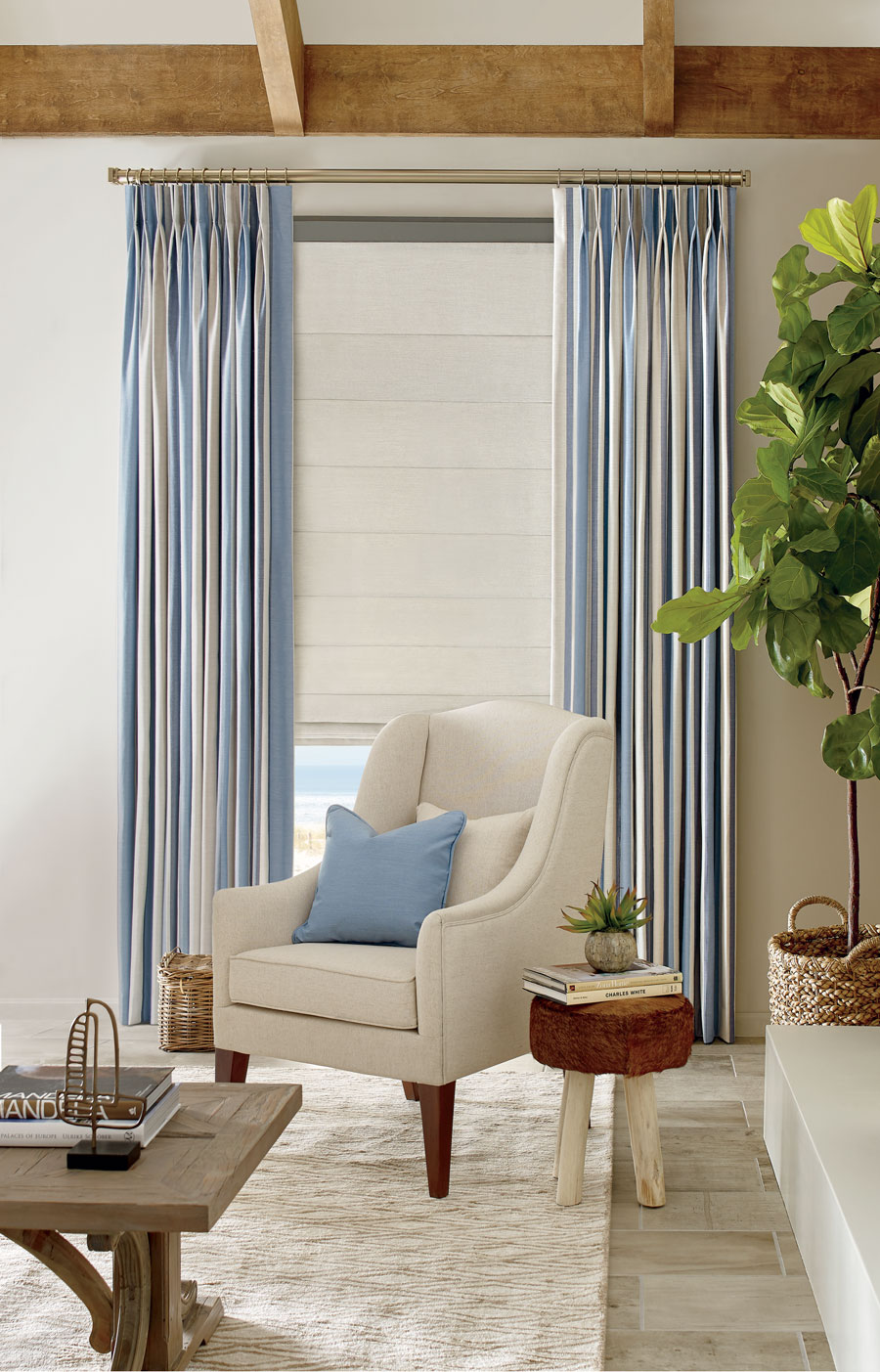 watery blue striped drapery panels with white romans