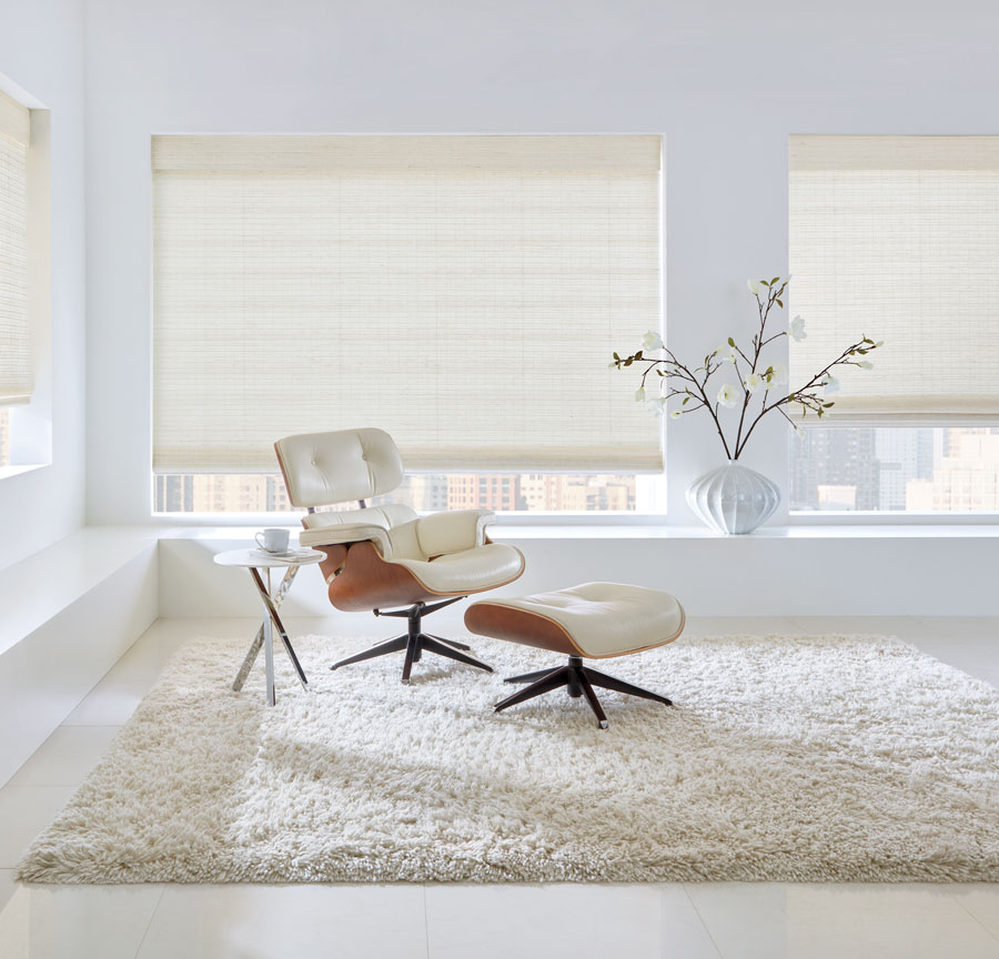 white woven shades on living room windows in Cleveland OH