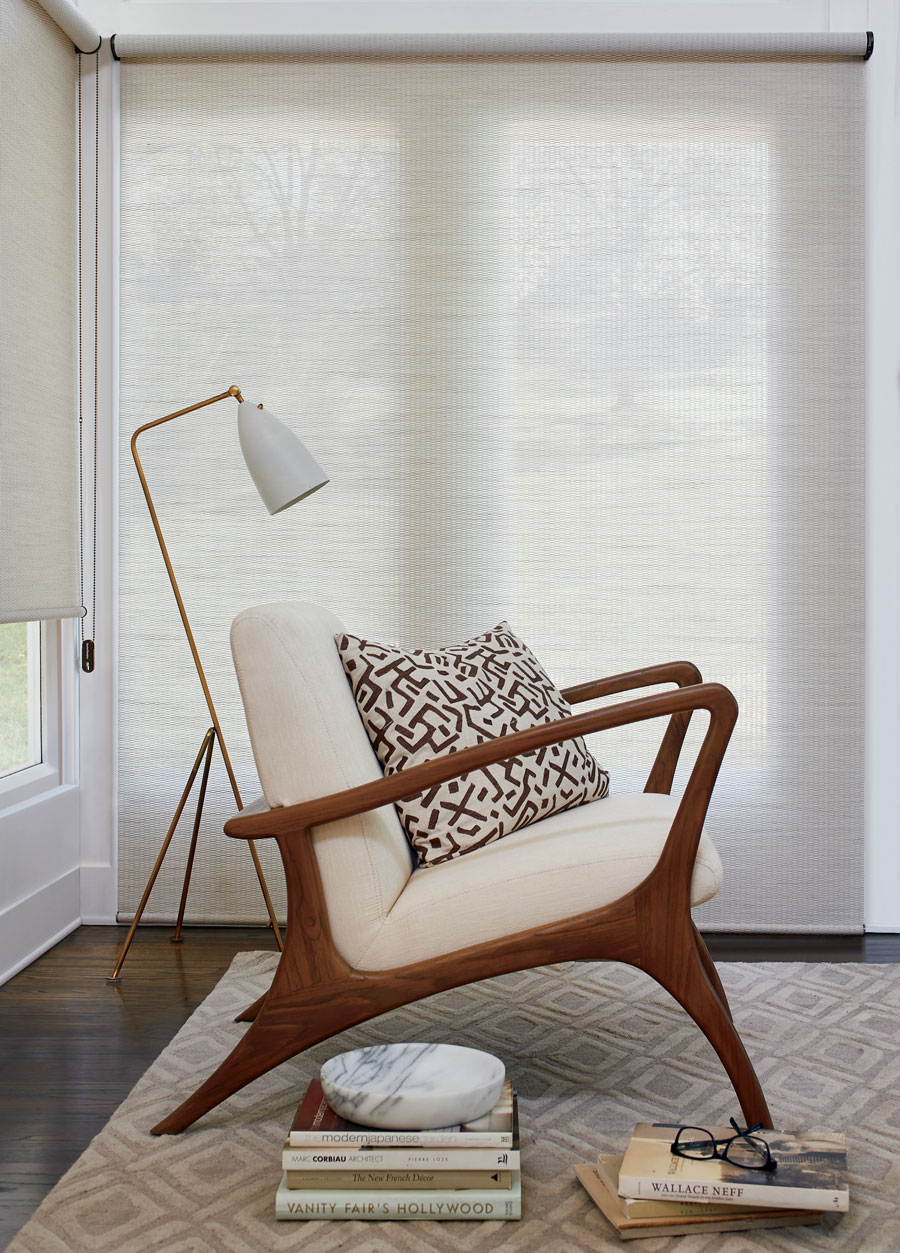 textured white roller shades on large windows in Rocky River OH