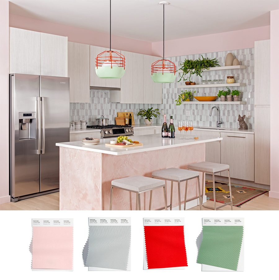eclectic kitchen with pink greens reds and grays