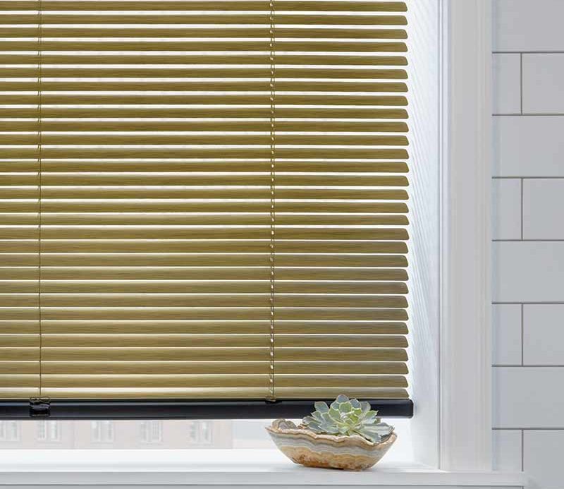 green colored automated decor metal blinds in modern bathroom Rocky River, OH