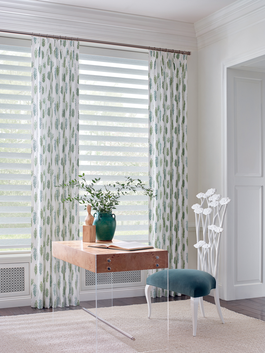 white striped shades with soft fabric draperies