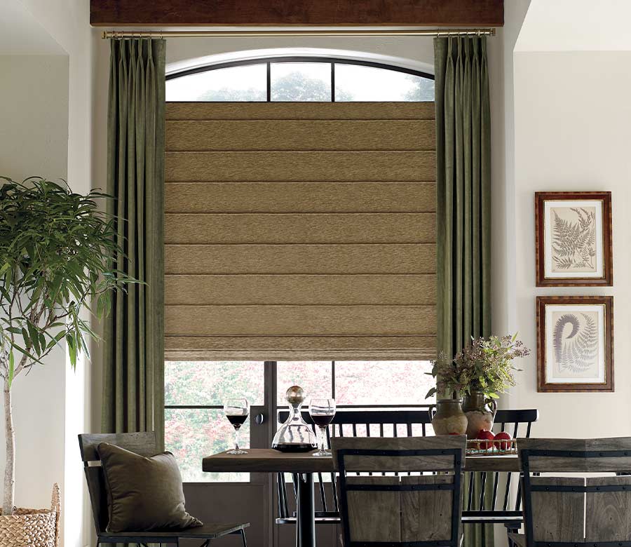 sleek dining room olive window treatments with custom pattern Rocky River, OH