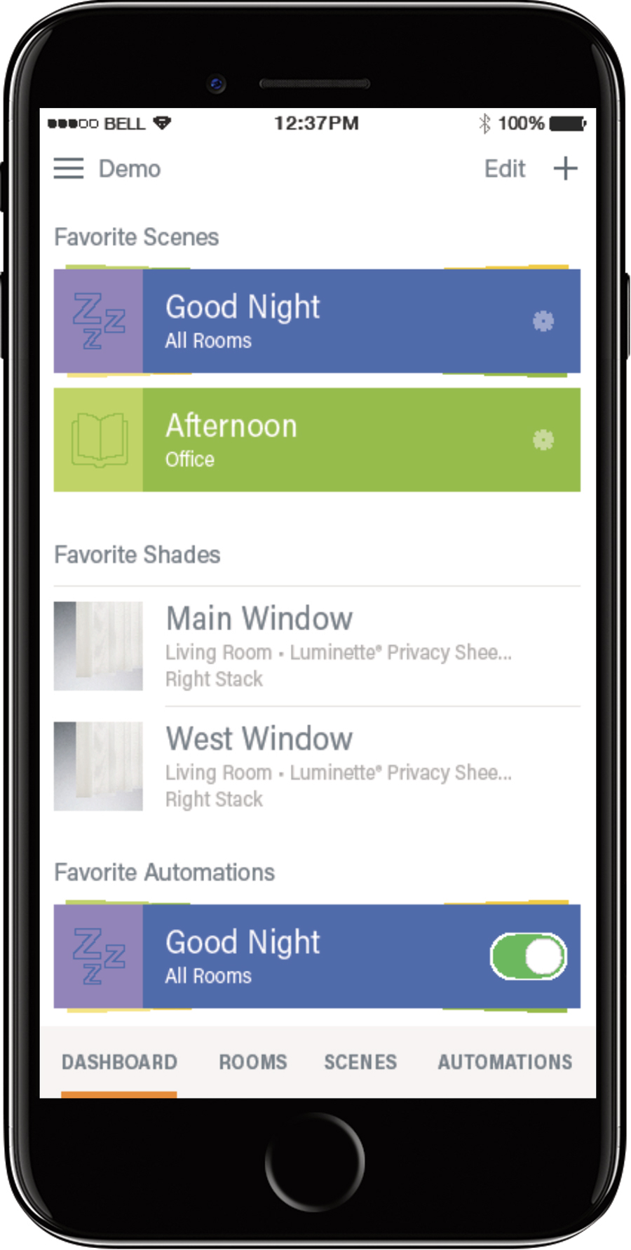 iPhone app screen for smart shade control in Cleveland OH