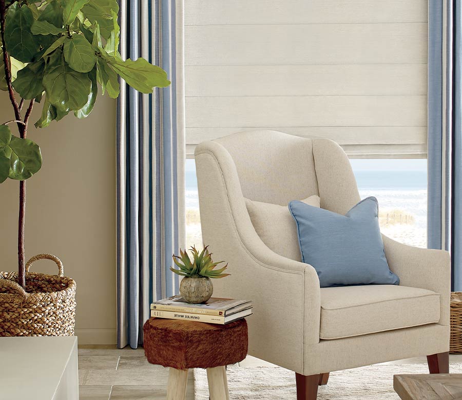 traditional living room blue and cream striped designer shades Akron, OH