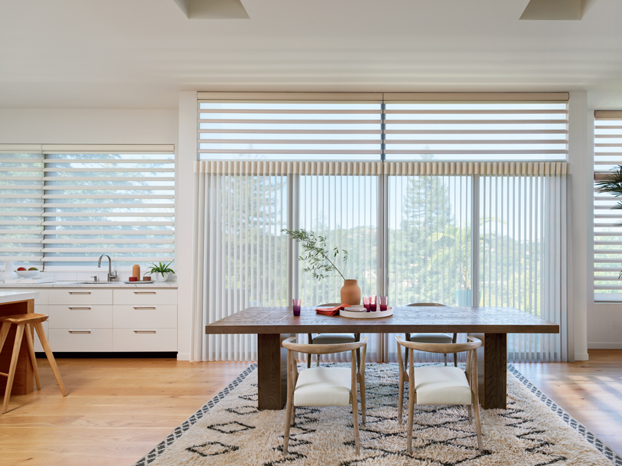 sheer shades on windows and coordinating sheer vertical shades on sliding doors in Rocky River OH home