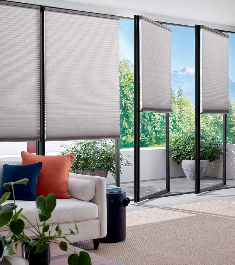 european glass doors overlaid with cellular energy efficient window shadings by Hunter Douglas in Rocky River, OH