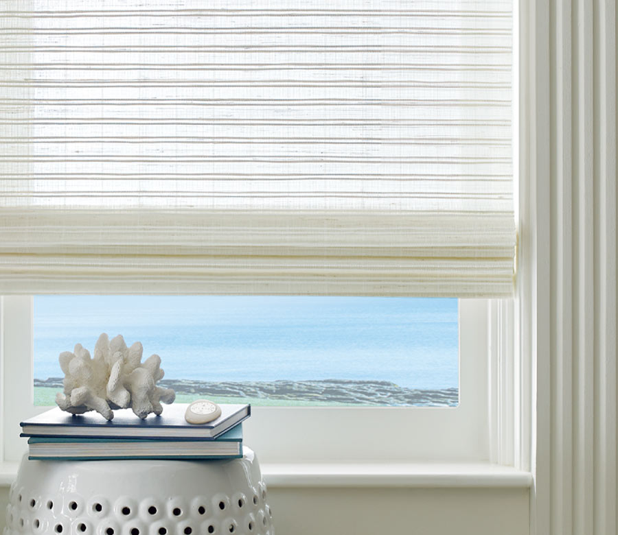 coastal living room shade in cream with horizontal texture in Cleveland, OH