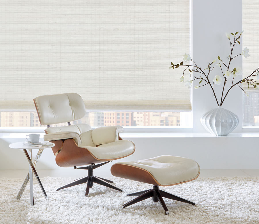 modern living room with creamy urban window treatments Chagrin Falls, OH