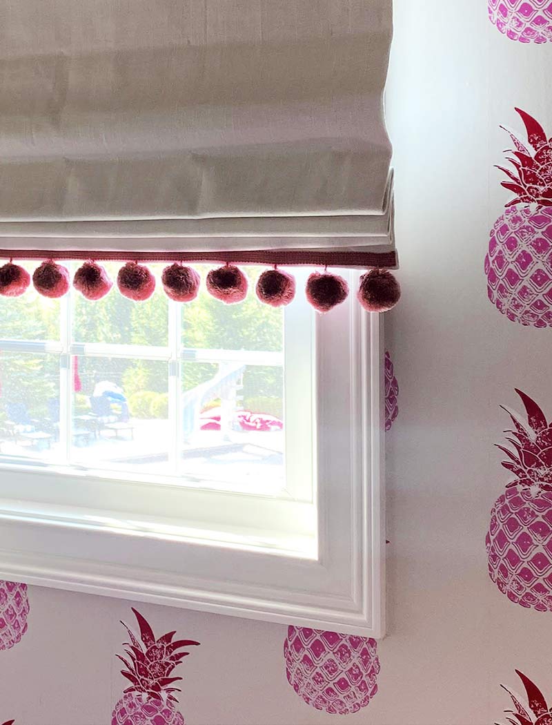 pink pineapple wallpaper and white roman shade in rocky river, OH