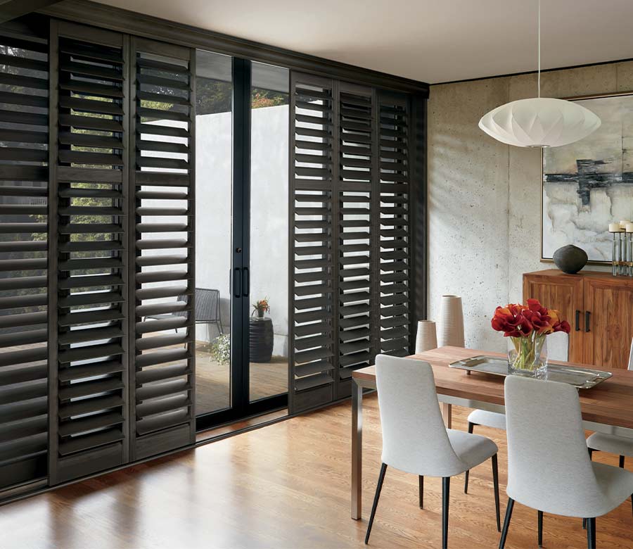 sliding patio door shutters in dark wood color Akron, OH