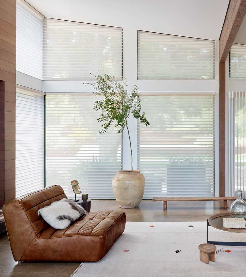 Floor to ceiling window shades with light filtering and automation