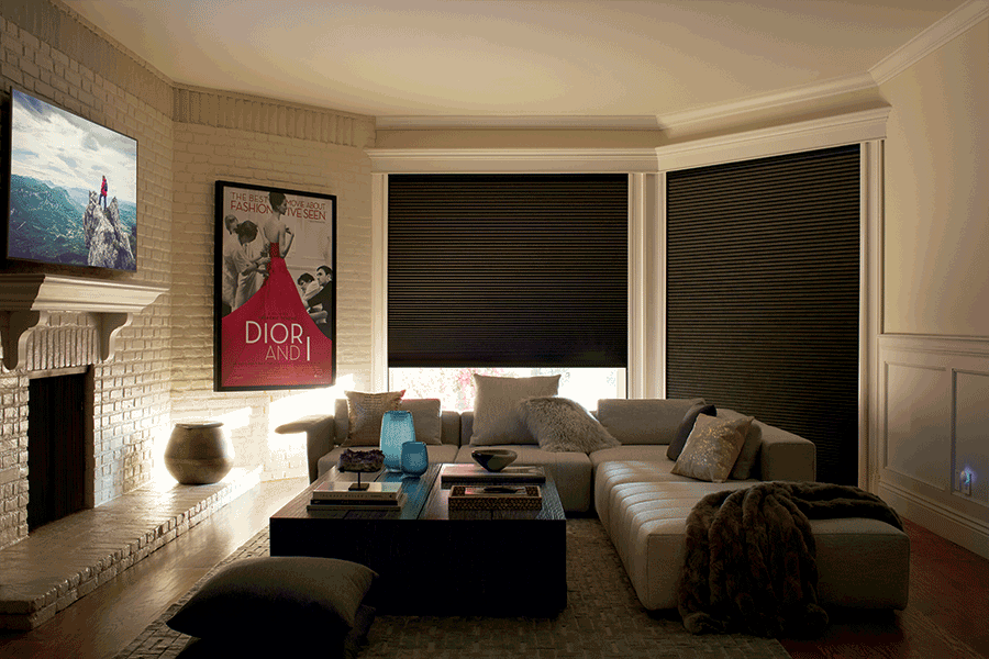 blackout shades that open and close in media room in Chagrin Falls OH