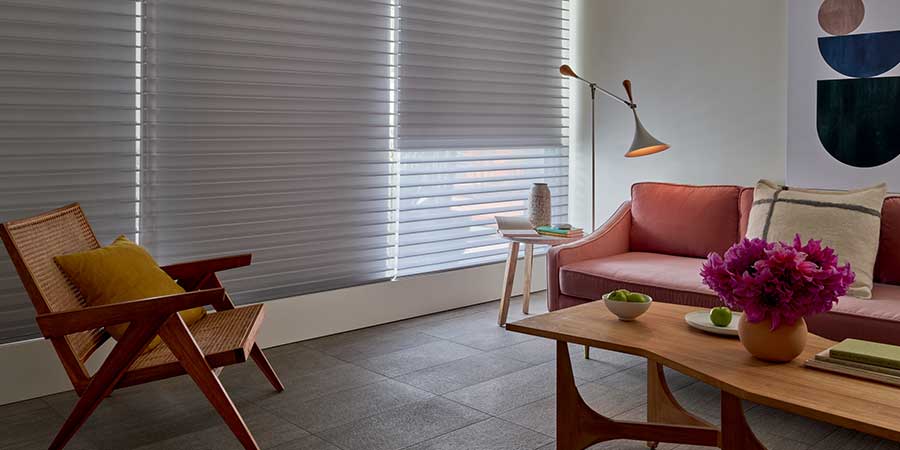 living room with dual sheer shades