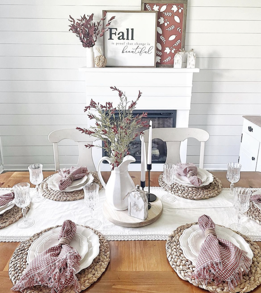 Tablescape in white shiplap dining room