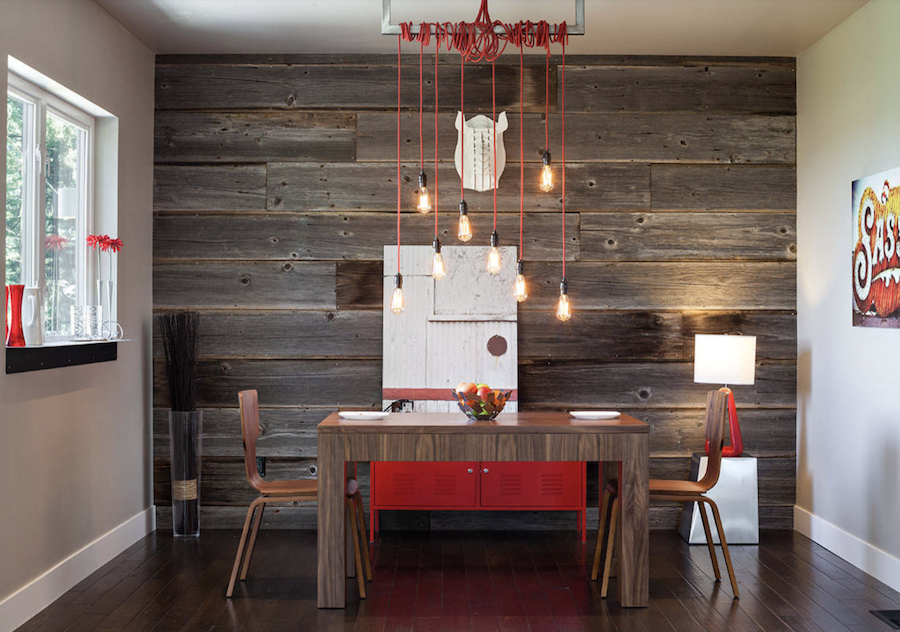 rustic dining room with wooden wall and color of the year 2023