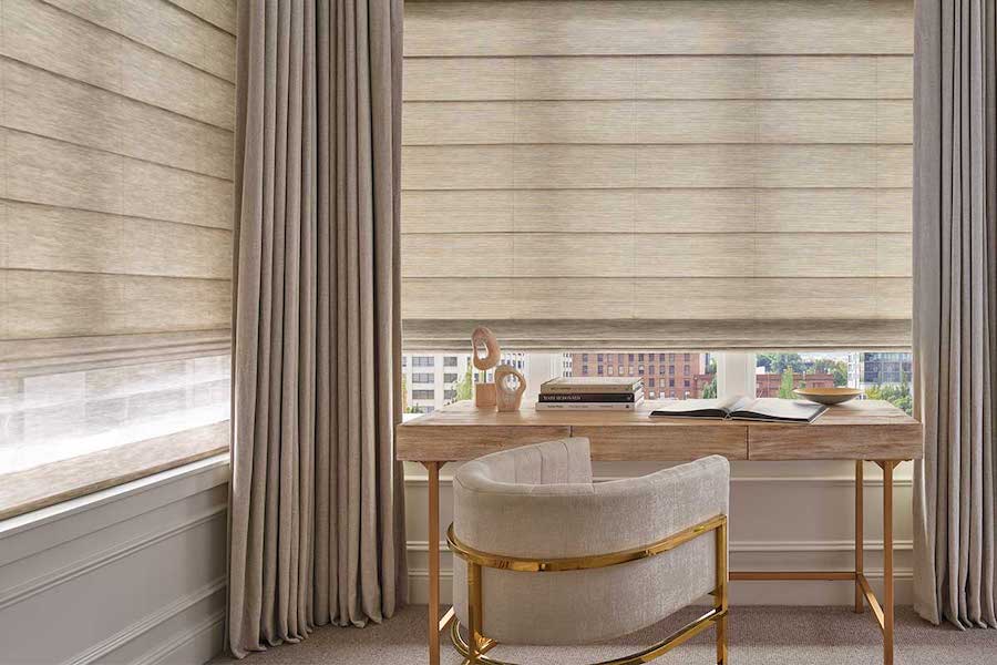 home office with woven shades and draperies