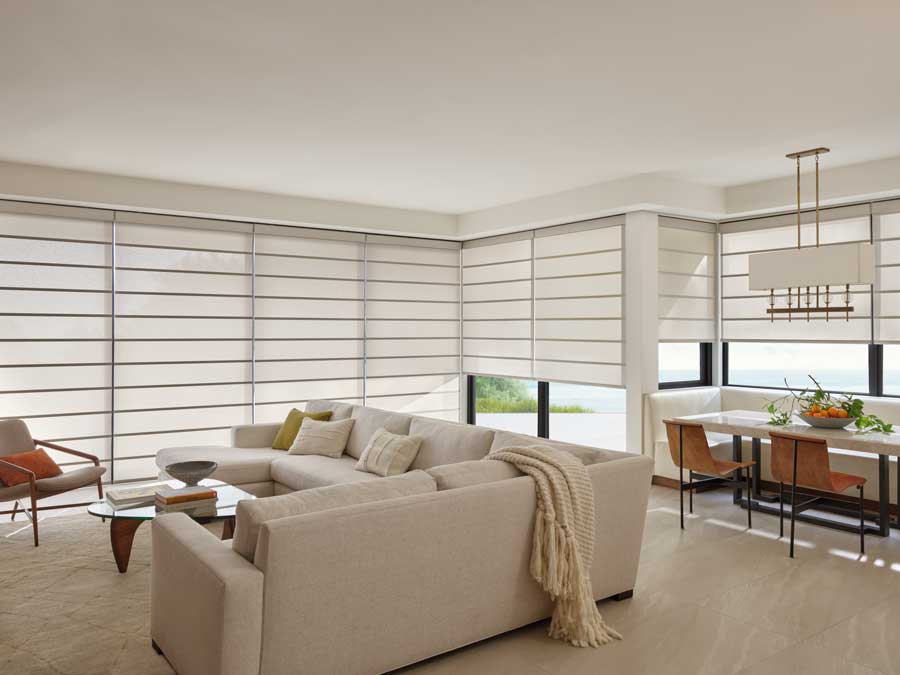 Alustra® Architectural Shades in a living room with floor to ceiling black trim windows