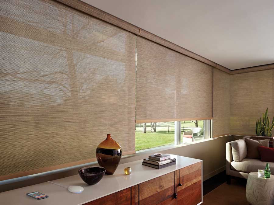 Designer Screen Shades over a wall full of windows