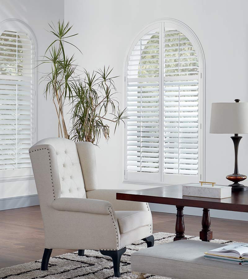 arched windows composite shutters in white color for executive home office in Bainbridge OH