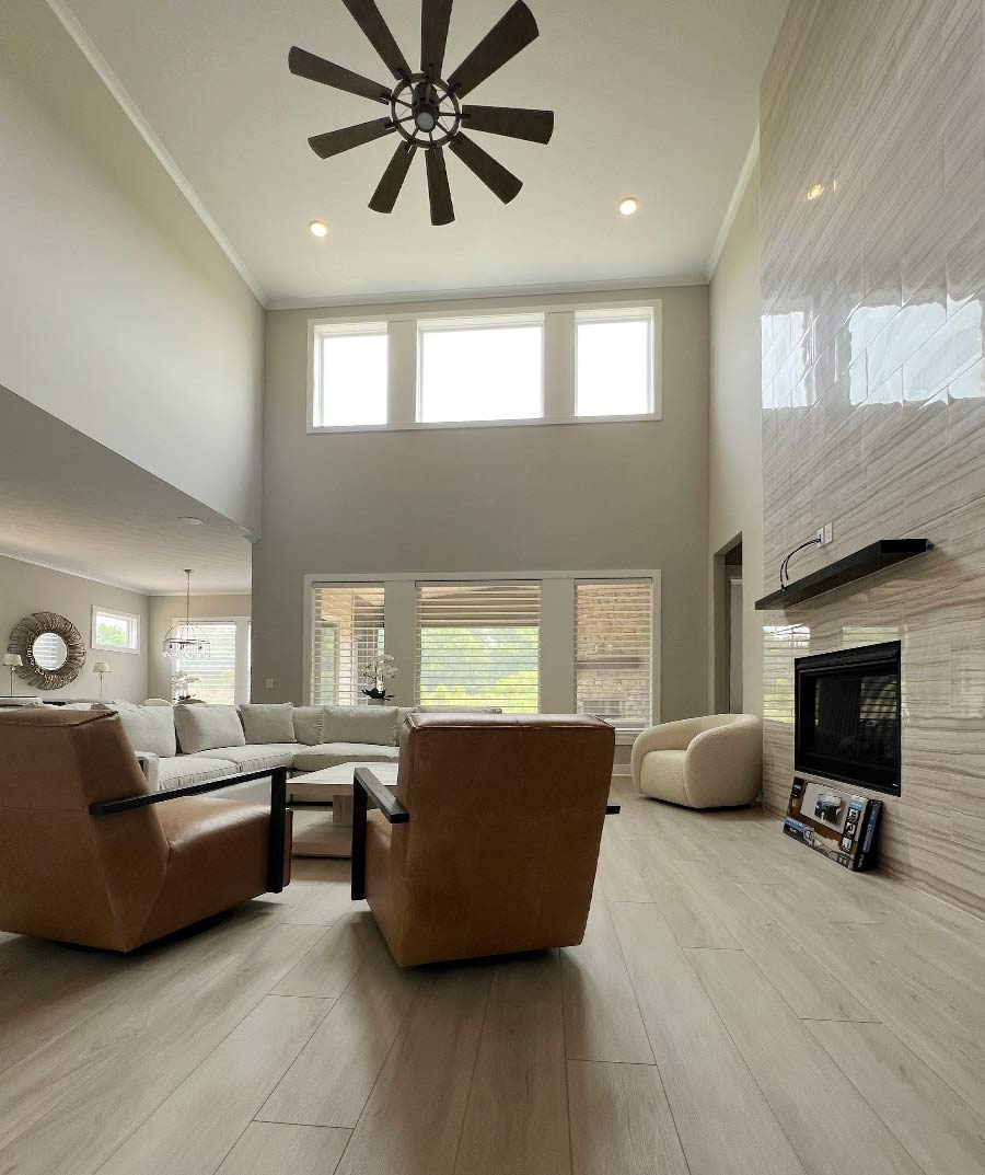 living room view with large windows and shades in Westlake OH home