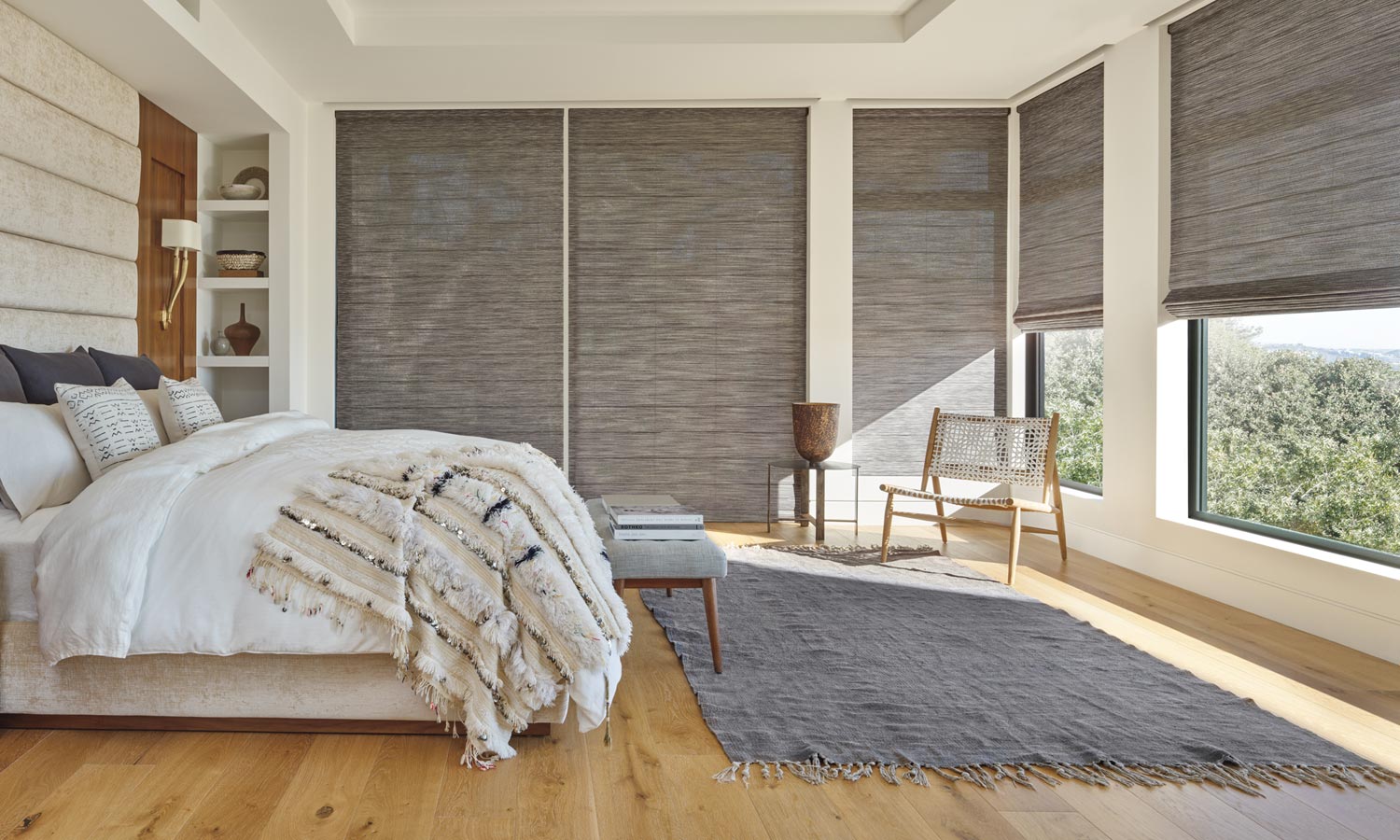 Westlake OH home with taupe woven roman shades