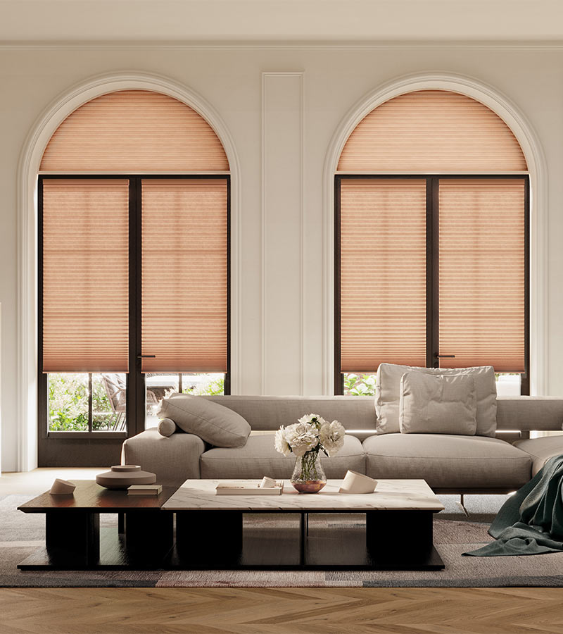 rounded arched window with cellular honeycomb shade in Avon Lake OH home