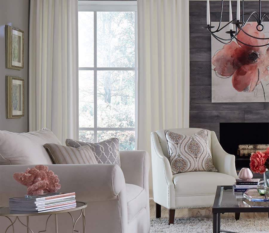 cream custom window treatments traditional living room in Lakewood OH home