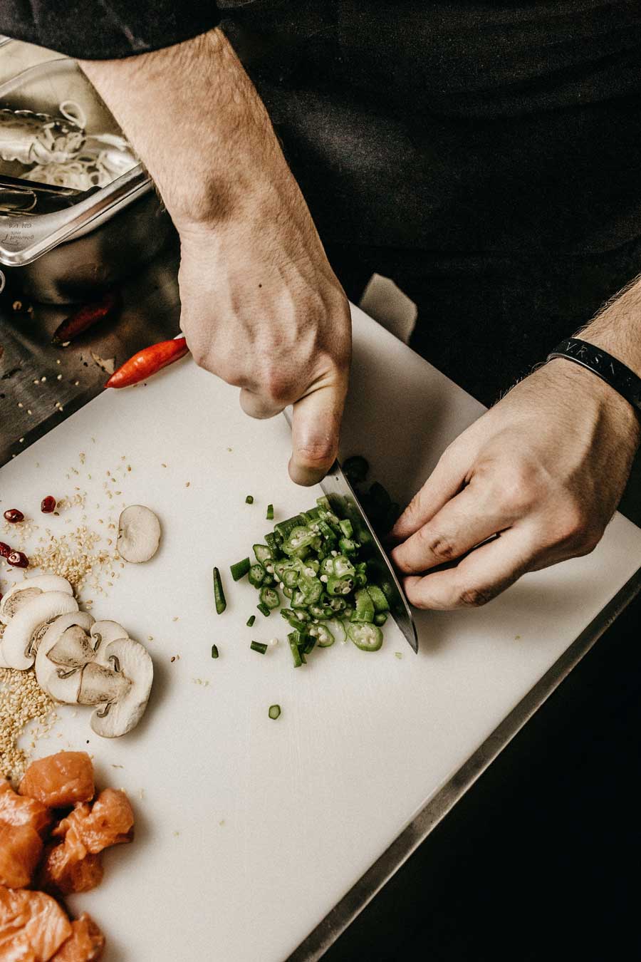 chef preps meal at home