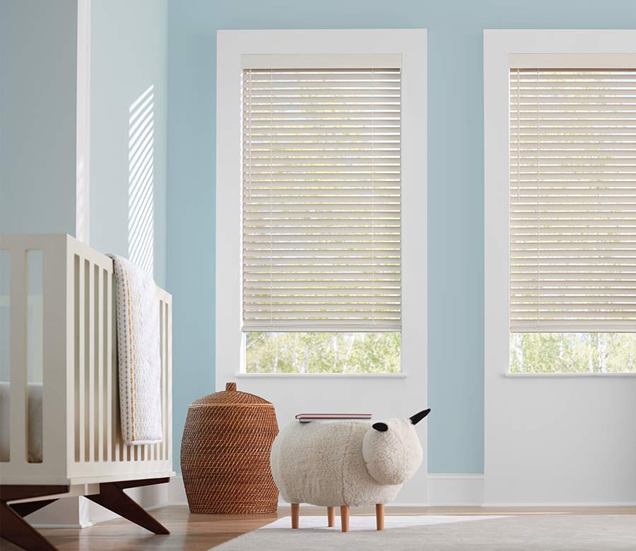 Parkland® Wood Blinds childs nursery blue walls cream colored child safe blinds in Westlake timan and co