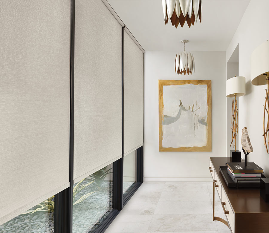 hallway in Avon Lake OH home with large windows facing outdoors with white fabric shades