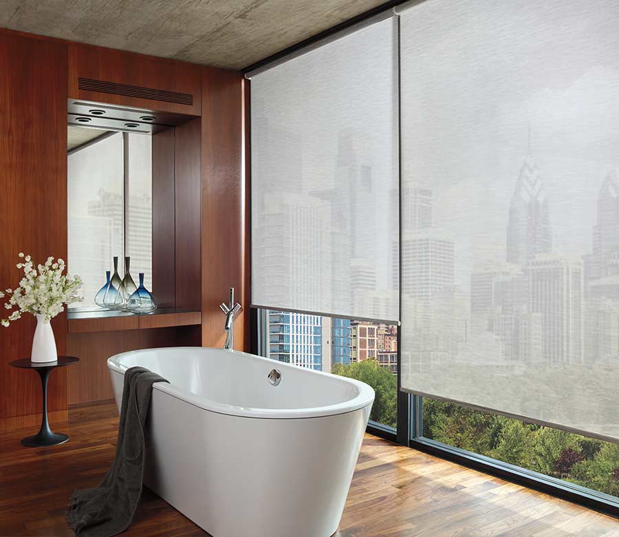 master bathroom gray window shades by hunter douglas large tub