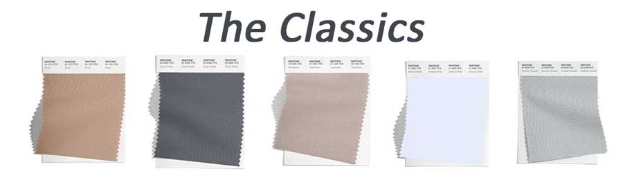 A Photo of the five classic colors. They include light brown, dark gray, beige, white and light gray. The illustrated swatches have a little white tab at the top that shares what color it is.