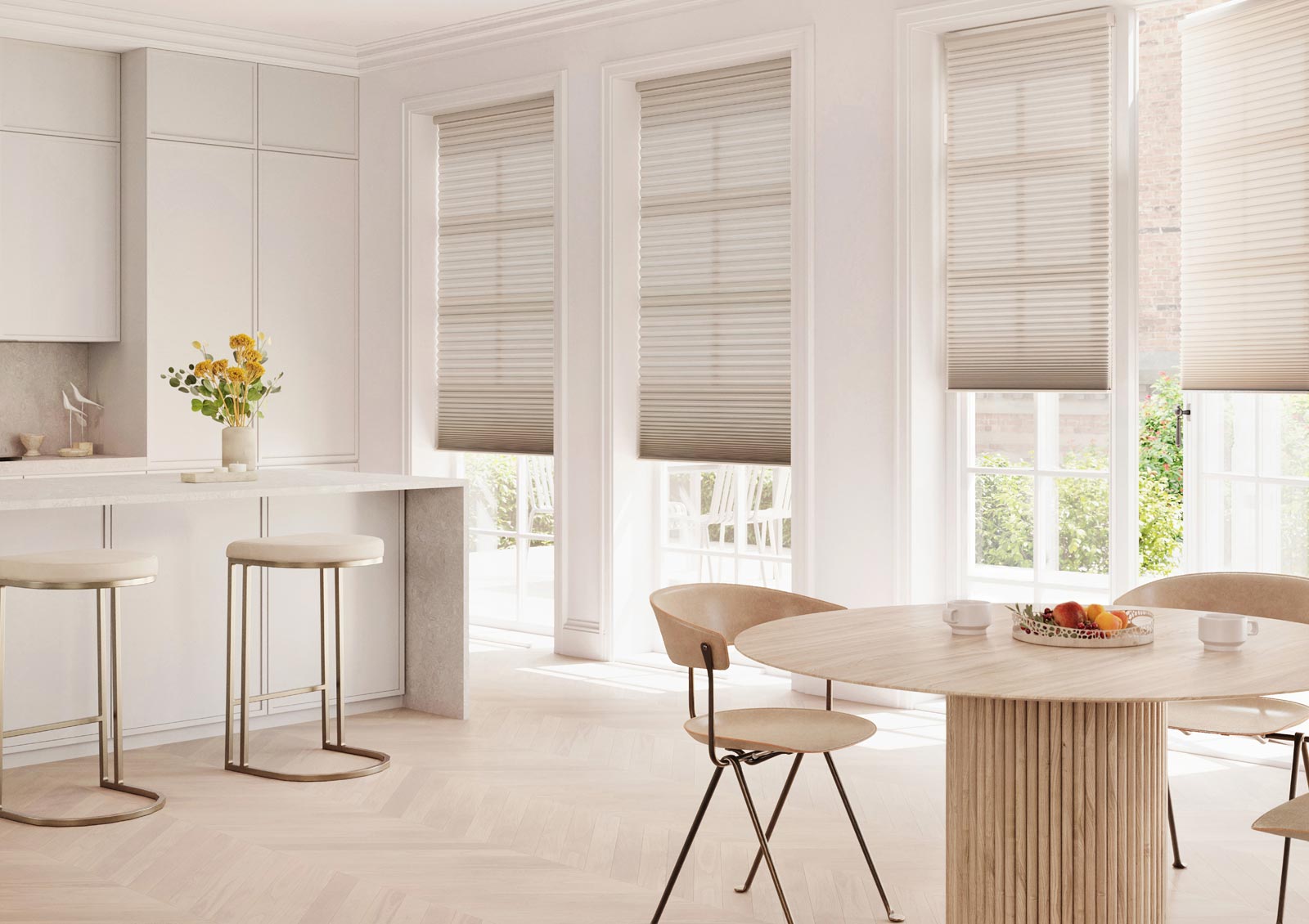after bare windows get covered with honeycomb shades, the atmosphere is pleasant and you can keep your home cool