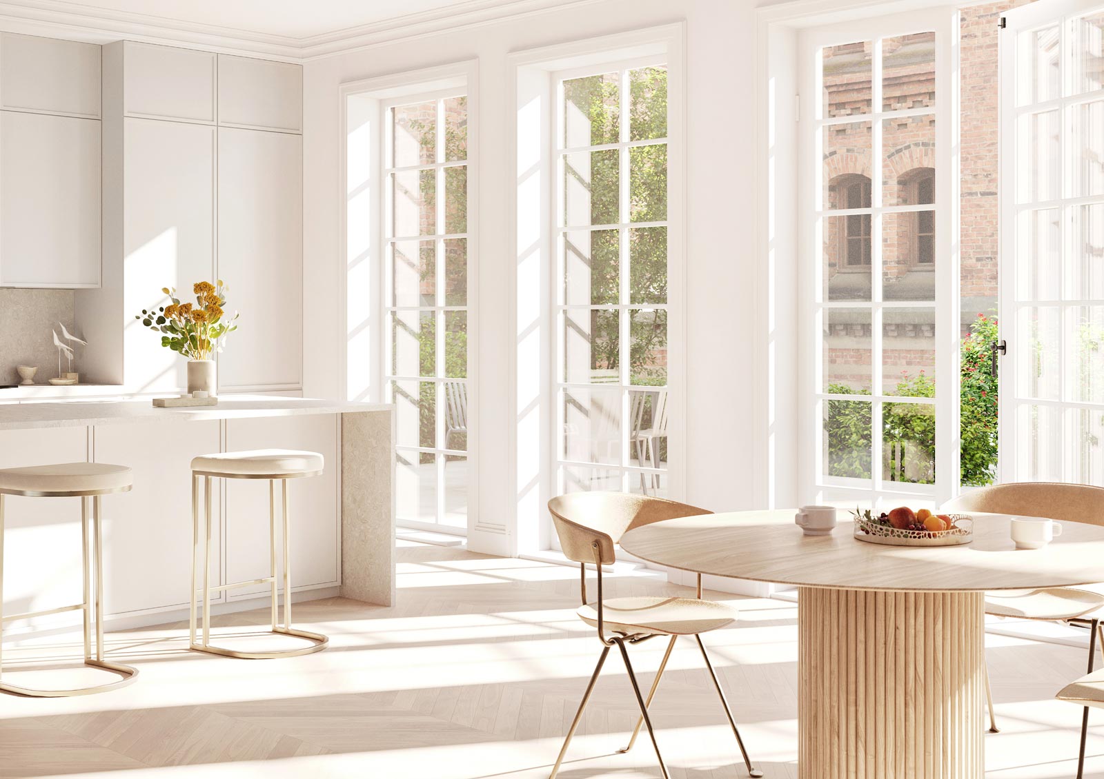 bright kitchen with bare windows and no protection from the sun
