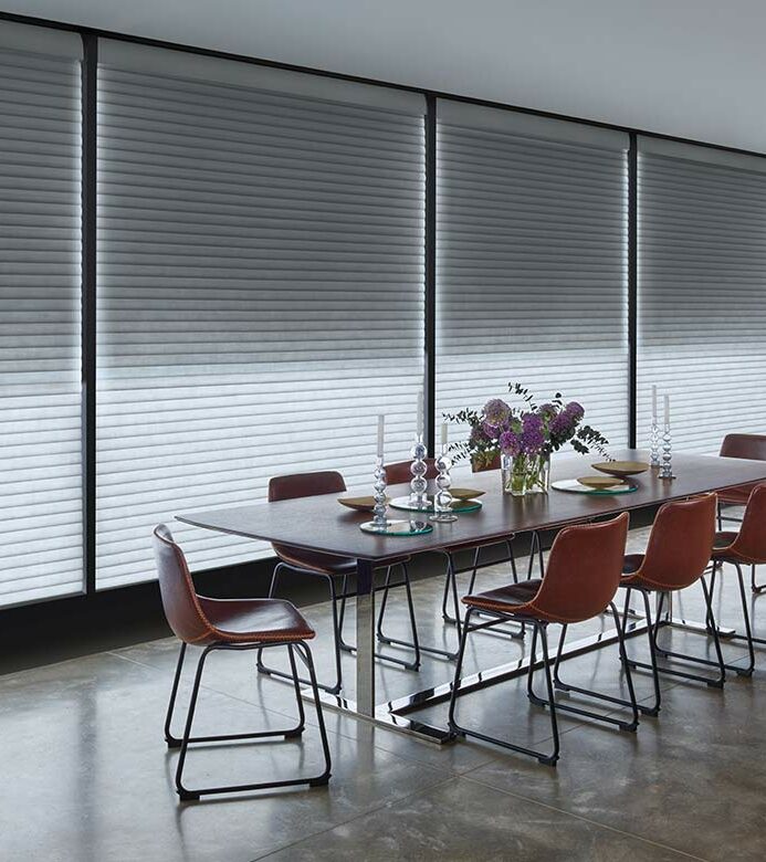 cool light coming from window shades in a modern dining room space