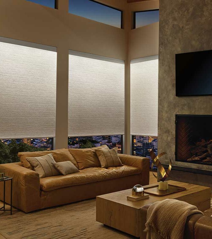 light illuminated window shades in a modern home and leather couches
