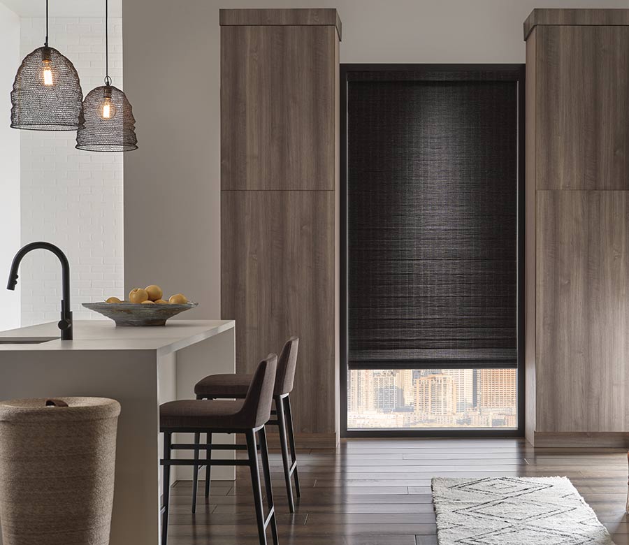 black woven shade in a contemporary apartment kitchen
