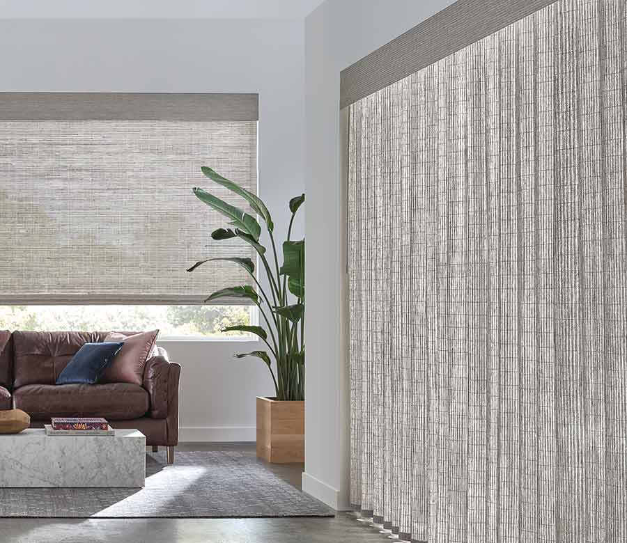 vertical woven shades in gray on large patio sliding door