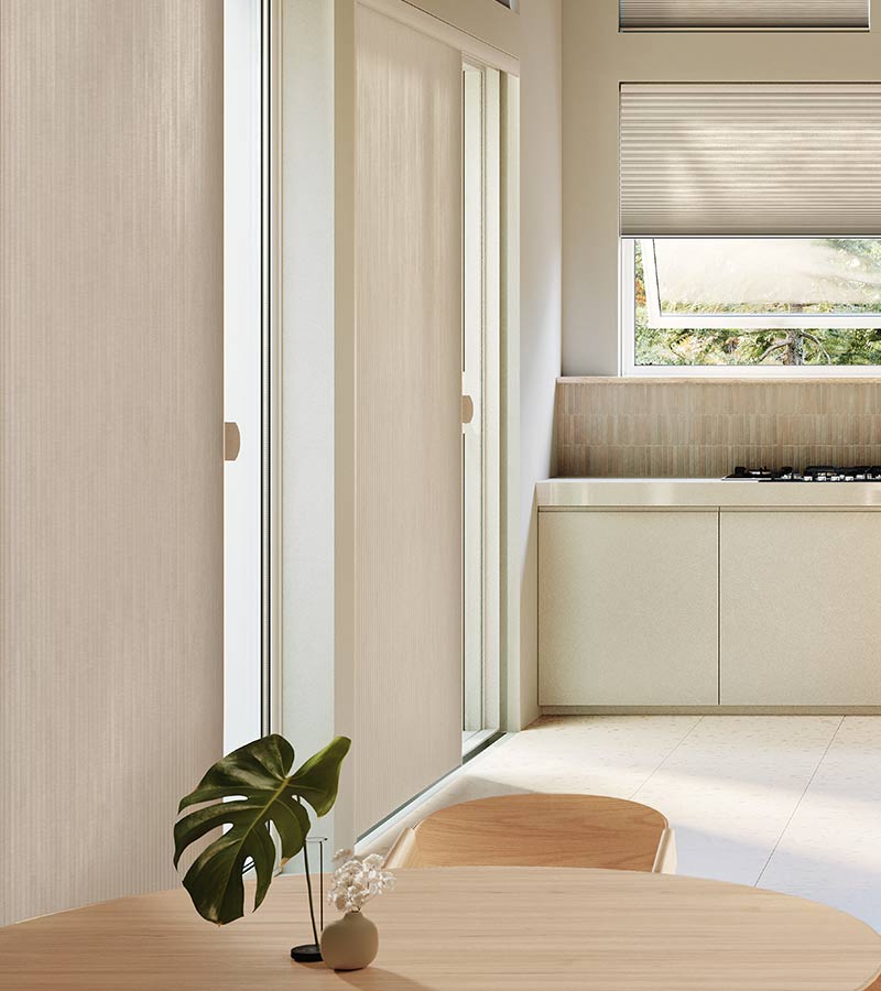 duette vertiglide large glass doors in kitchen covered by vertical window shades in chagrin falls home timan window treatments