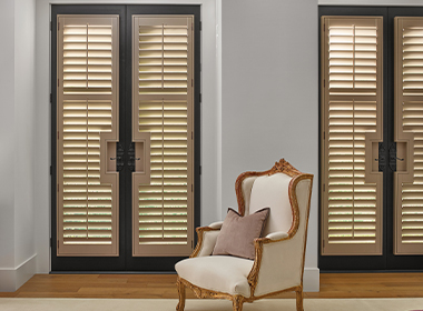 real wood shutters in matte brown tone for french doors