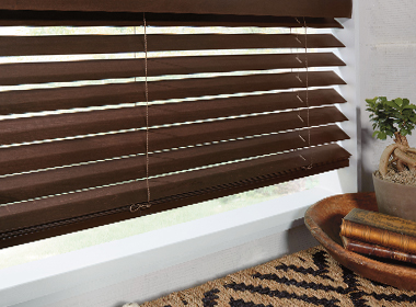 real wood window blinds in dark wood color