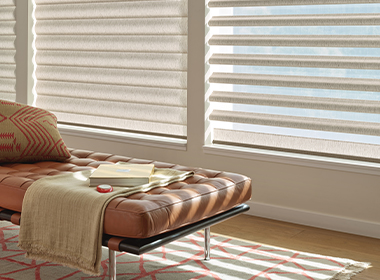 automated window shades in contemporary living room