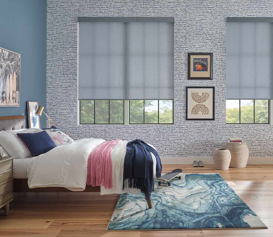blue fabric shades in teenage girls room in local neighborhood home