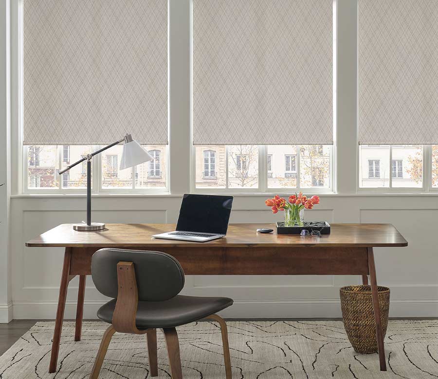 pattern window shades in home office overlooking a street view